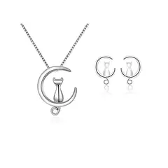 GENERICO - Conjunto Set Gato Plata 925 Collar Aros Michi