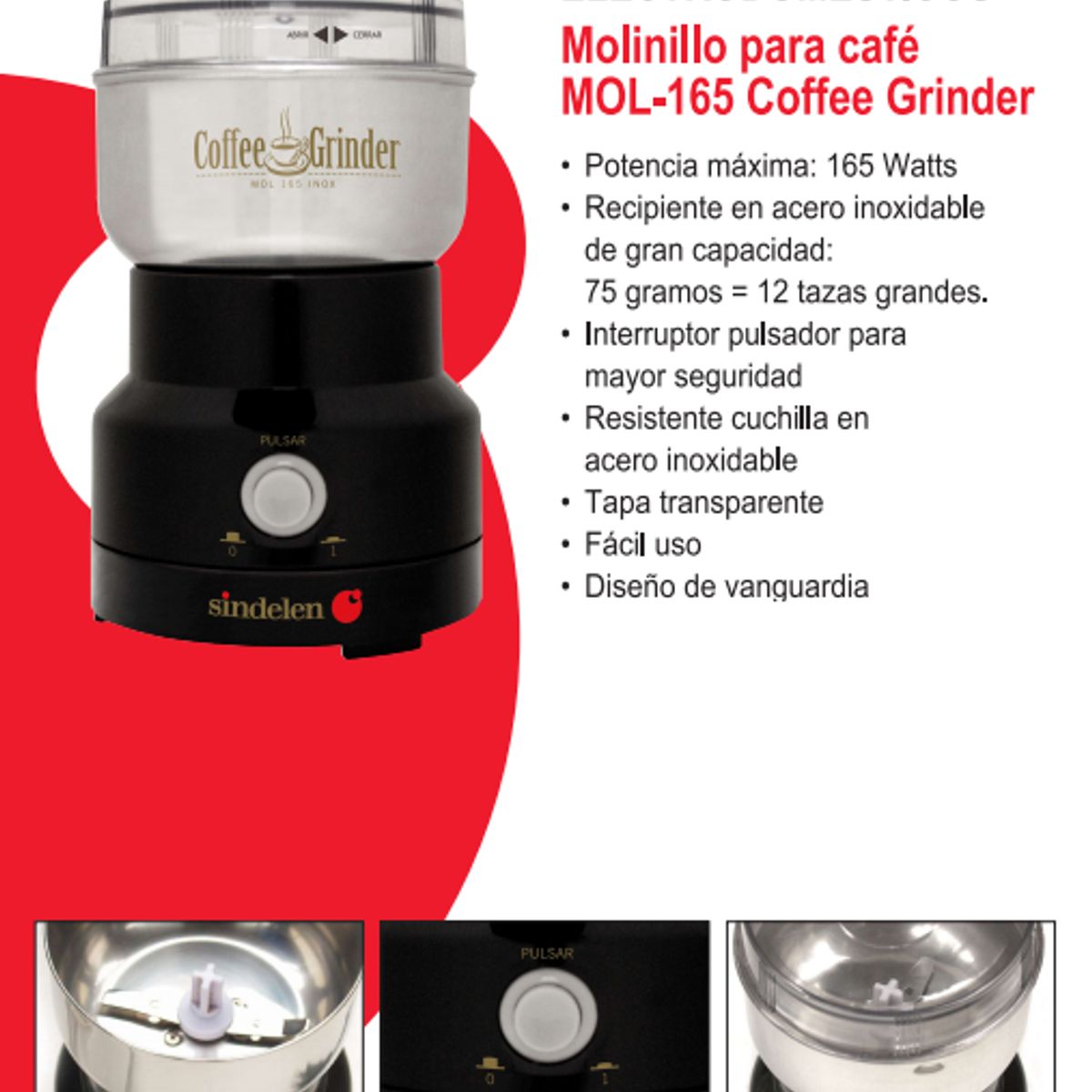 SINDELEN - Molinillo Moledor De Cafe Granos Sindelen Mol-165 12 Tazas 75gr 165W