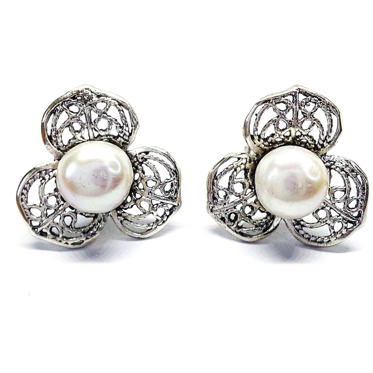 MOR JOYAS - Aro Plata Ley 950 Flor Perla Tres Pétalos