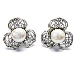 MOR JOYAS - Aro Plata Ley 950 Flor Perla Tres Pétalos
