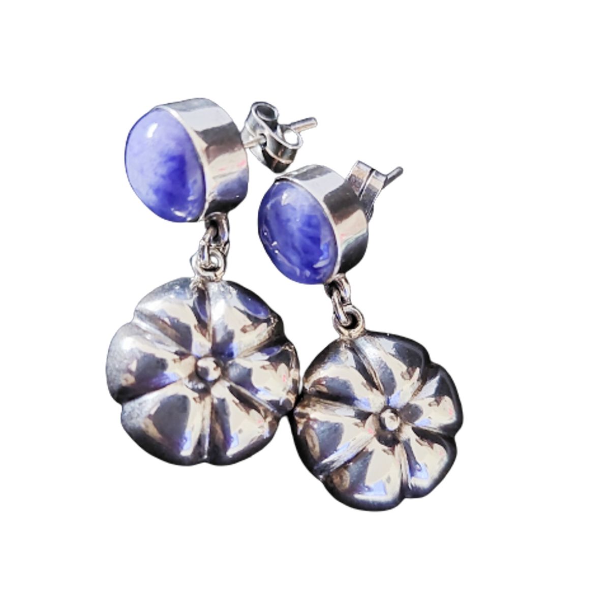 MOR JOYAS - Aro Colgante Plata Envejecida Ley 950 / Flor Sodalita