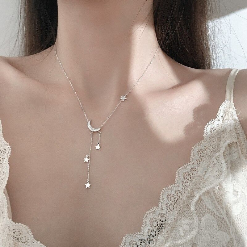 GENERICO - Collar Con Luna Y Estrellas Plateado Hermoso