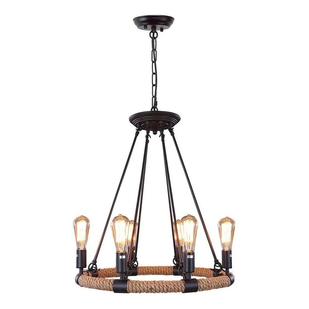 GENERICO - Lámpara Colgante Retro Rustica Hierro Cañamo 6 Ampolletas