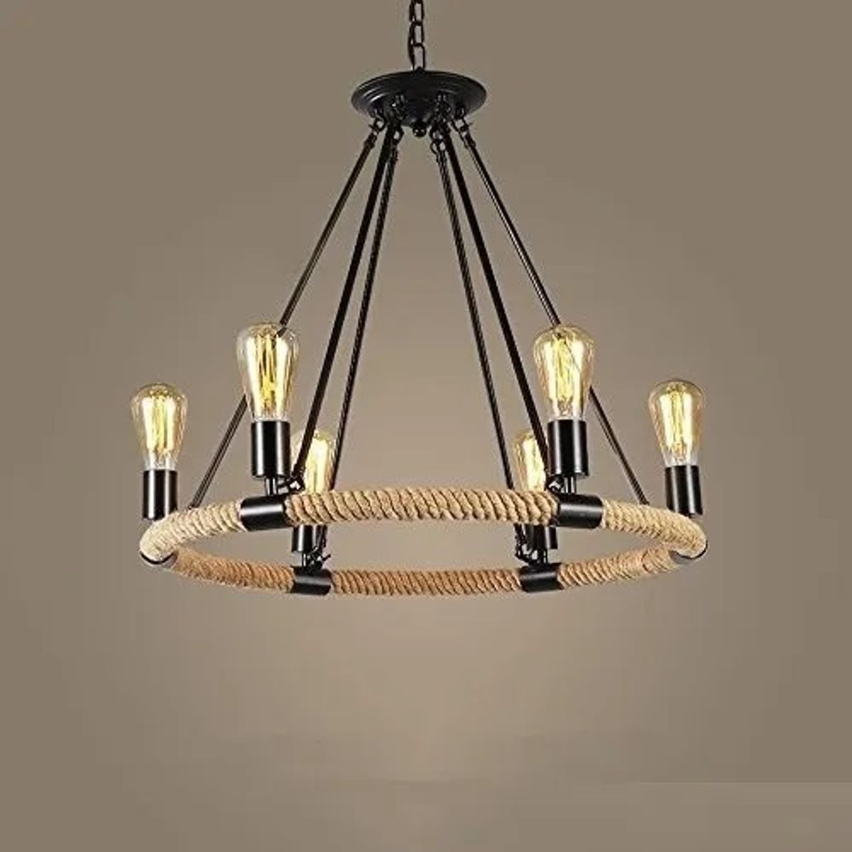 GENERICO - Lámpara Colgante Retro Rustica Hierro Cañamo 6 Ampolletas