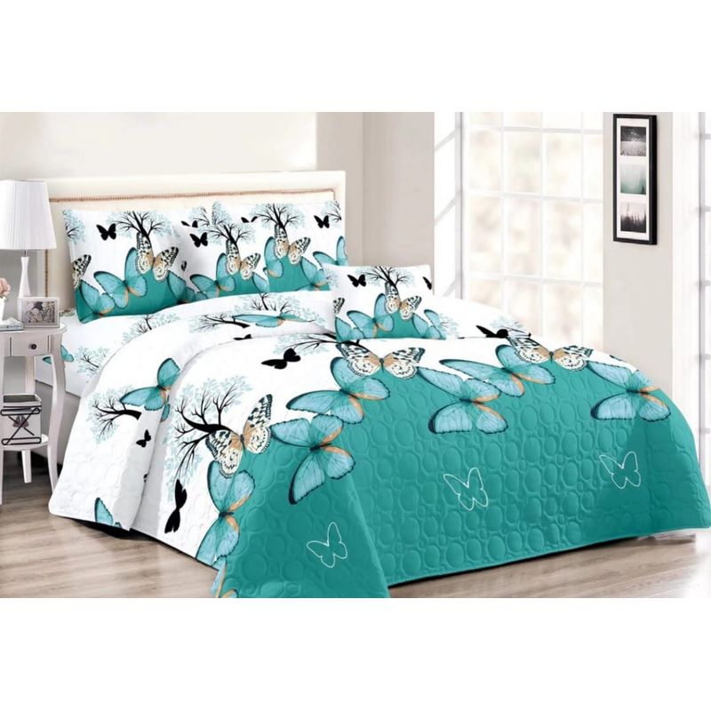GENERICO - Cubrecama Quilt Plaza y Media Turquesa Mariposa