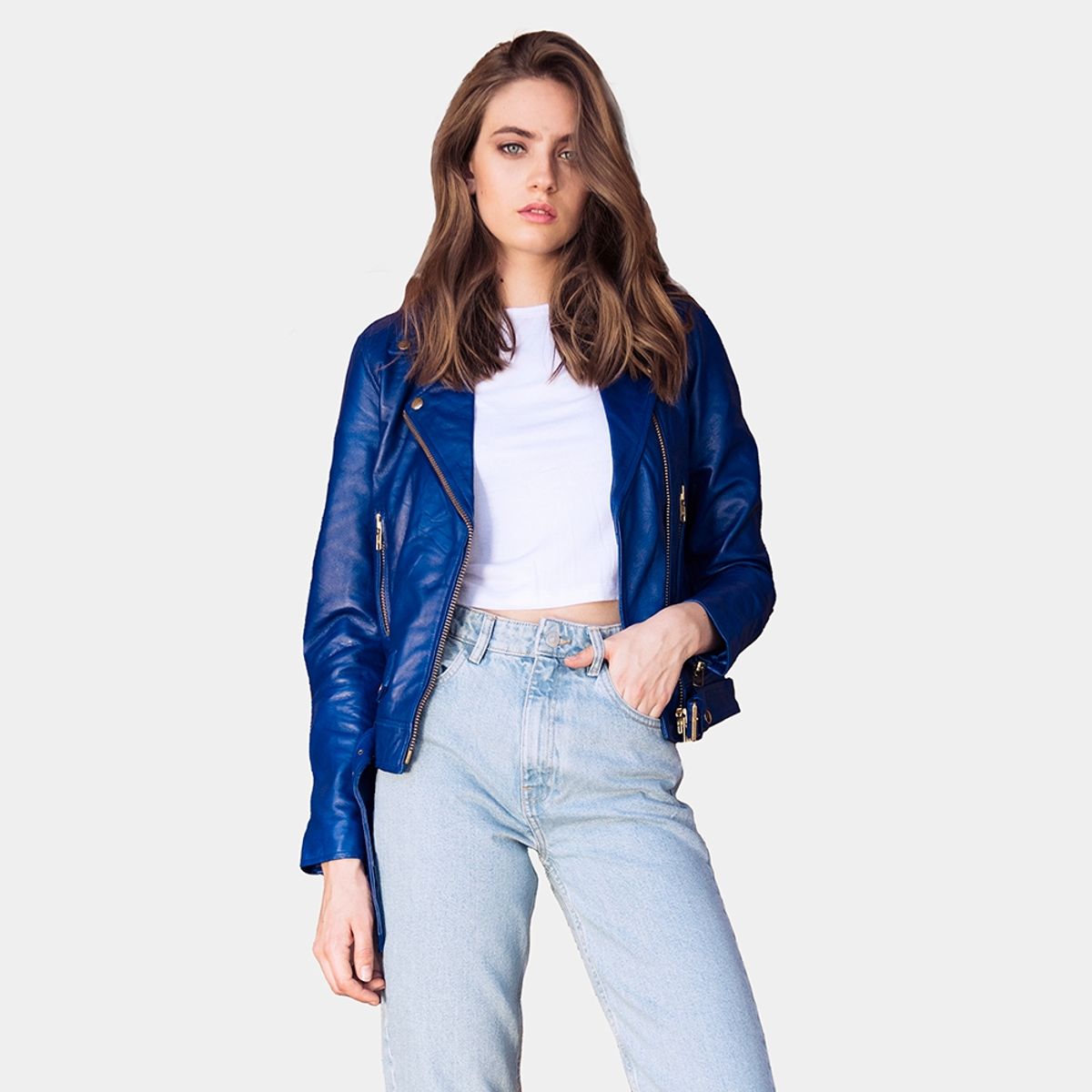 AMEN LEATHER - Chaqueta de Cuero Biker Umi Azulino Amen