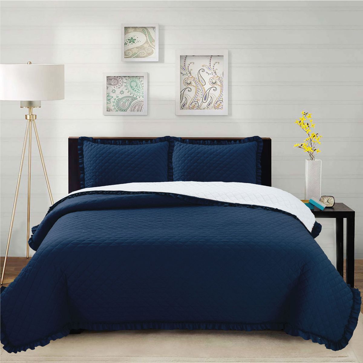 CHANTILLY - Cubrecama Prewash Bordado Sherpa King - Azul Marino CHANTILLY