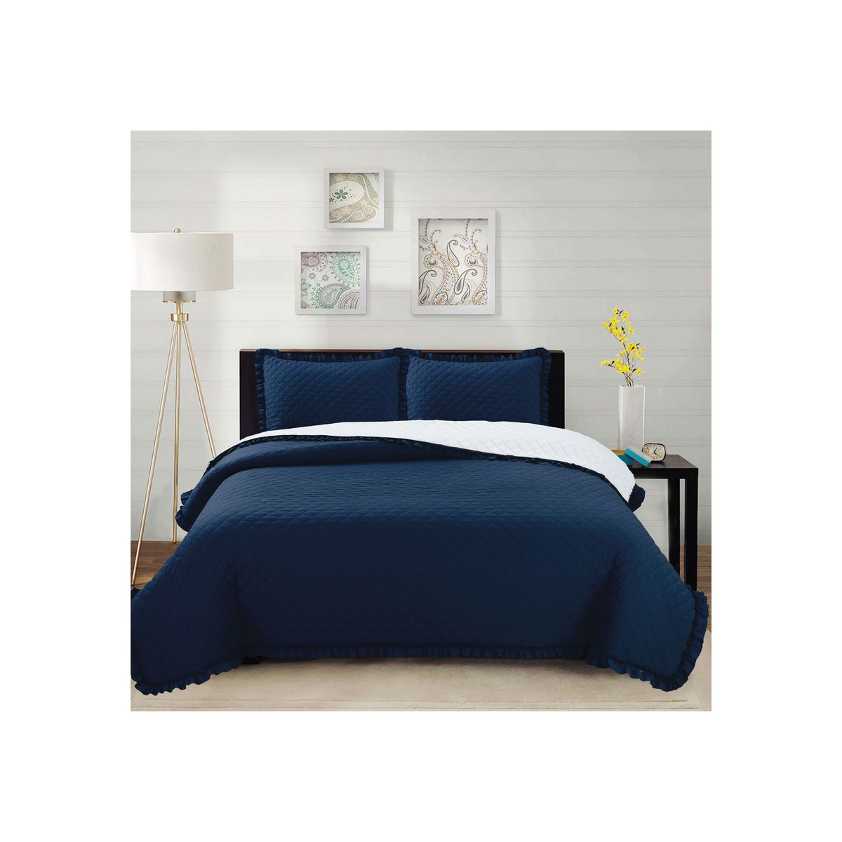 CHANTILLY - Cubrecama Prewash Bordado Sherpa King - Azul Marino CHANTILLY