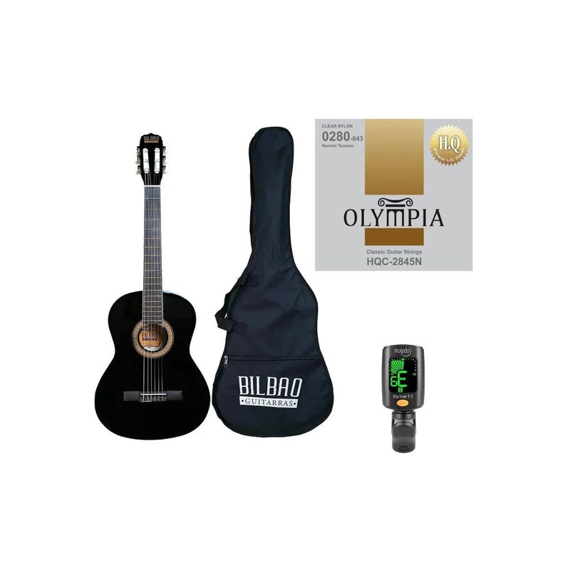BILBAO - Full Pack Guitarra Acústica Bilbao BIL-44-BK + Set de Cuerdas Olympia + Afinador Cromático Clip