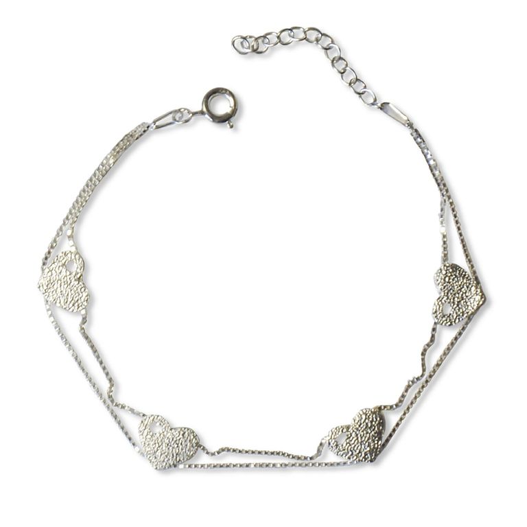 Pulsera Corazones Doble Cadena Plata Fina 925 Plateado TALLA UNICA