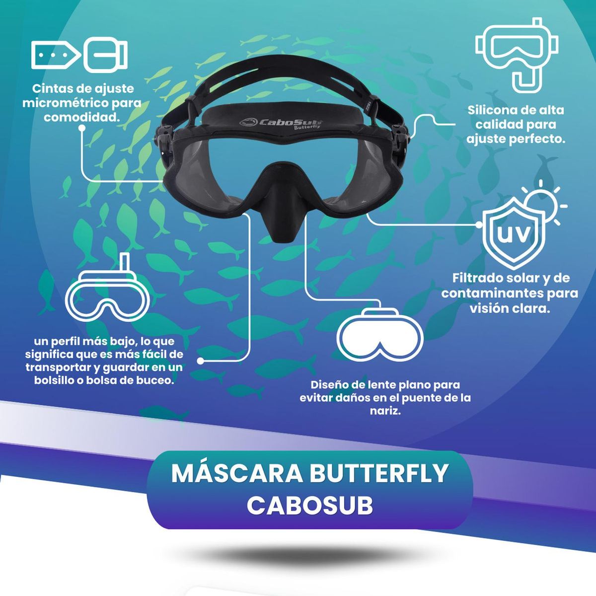 CABOSUB - Máscara Buceo Butterfly Confort y Visión Amplia Bajo el Agua - Negro - Única