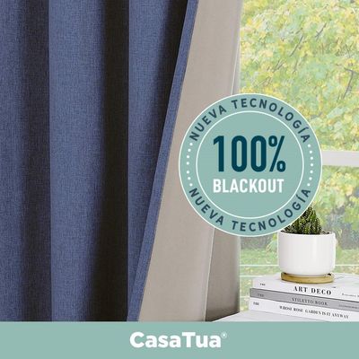 Imagen 2 del producto Cortina Blackout 100% 2 Paños Textura Lino - Azul