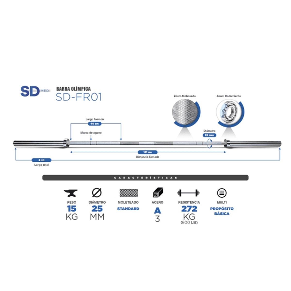 SDFIT - Barra Olímpica 15 KG – Resistencia 600 LB 2mt – SD-FR01