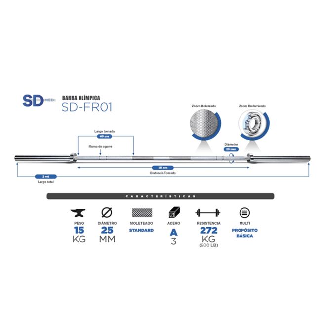 SDFIT - Barra Olímpica 20 KG - Resistencia 700 LB - SD-GYCO01
