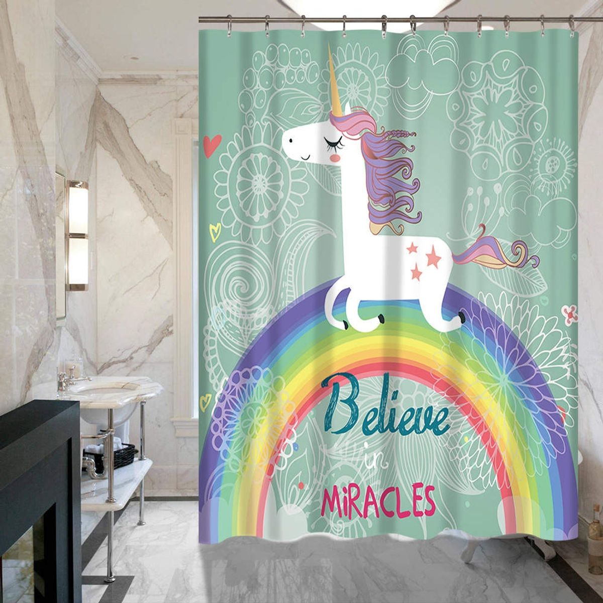 GENERICO - Set de mat y cortina de baño Unicornio Arcoíris