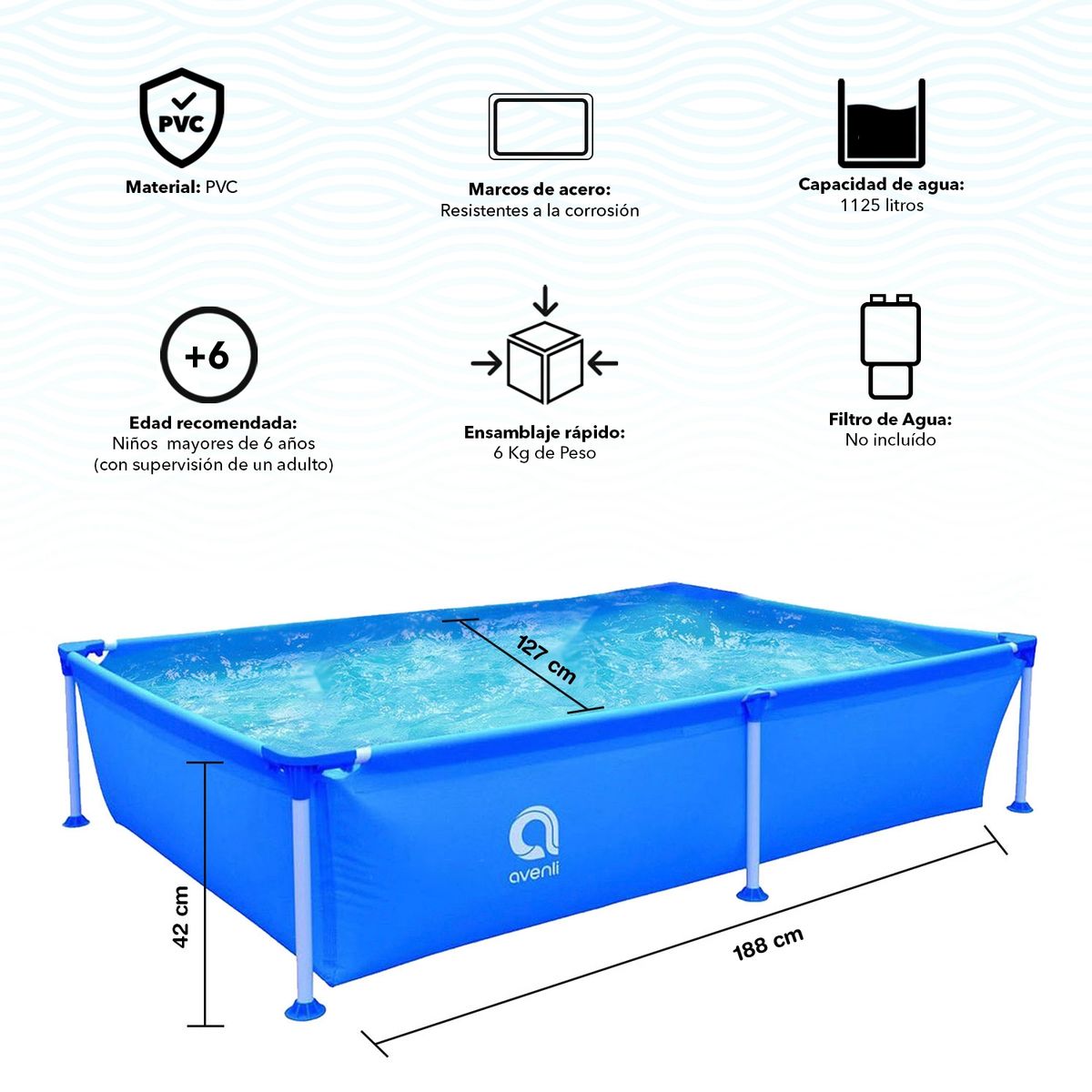 AVENLI - Piscina Rectangular Estructural 1125 lts 42 x 127 x 188 cm Celeste