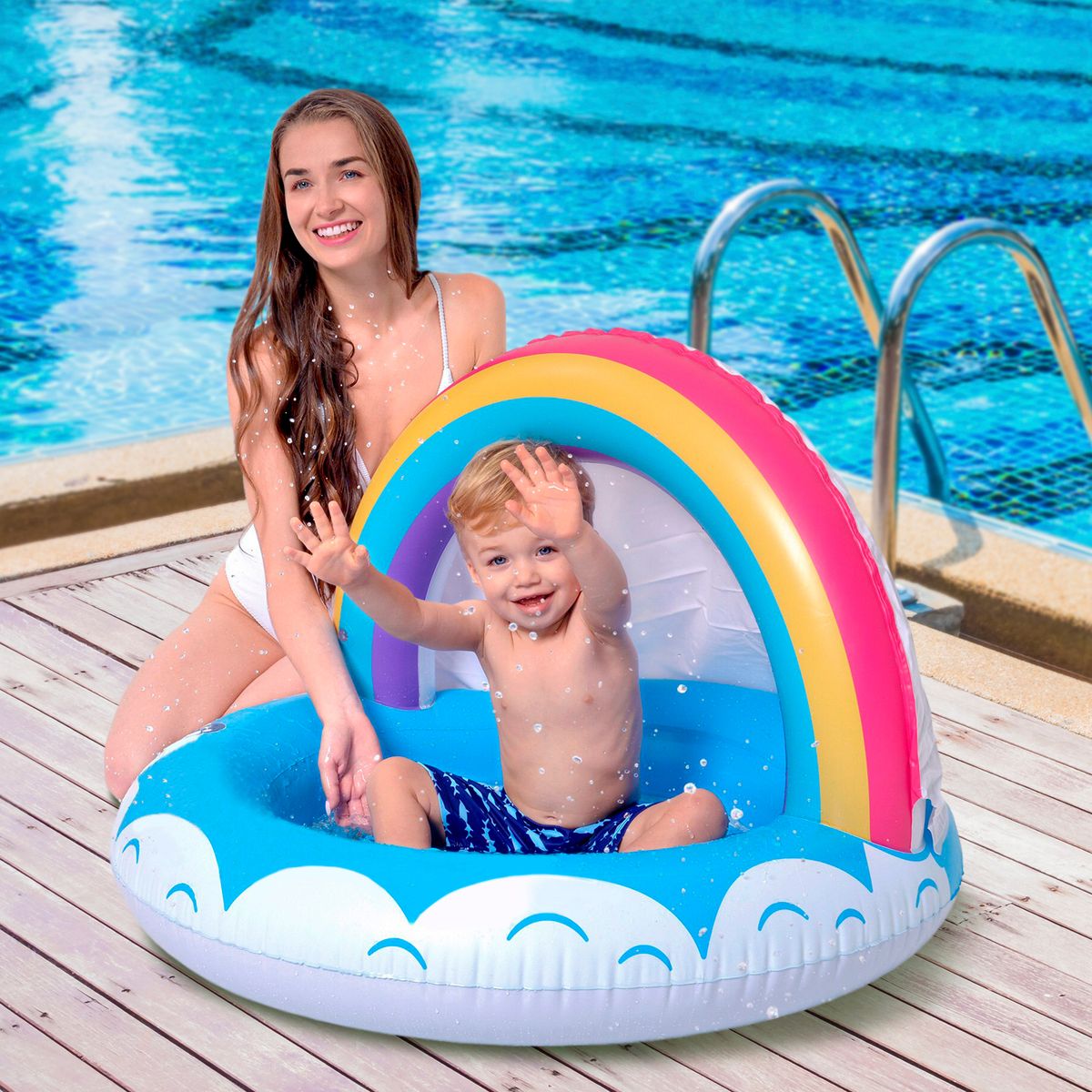SUNCLUB - Piscina Inflable Forma de Arcoiris 40Lts 95X66cm Celeste