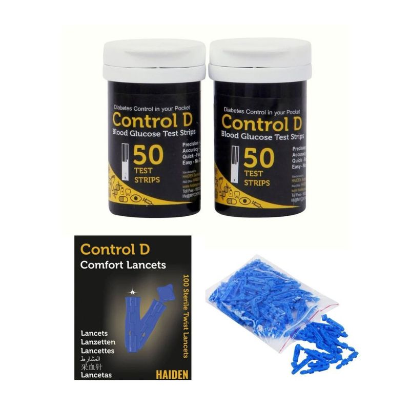 CONTROL D - Kit de 100 Tiras Reactivas + 100 Lancetas Glucómetro Comfort Control D