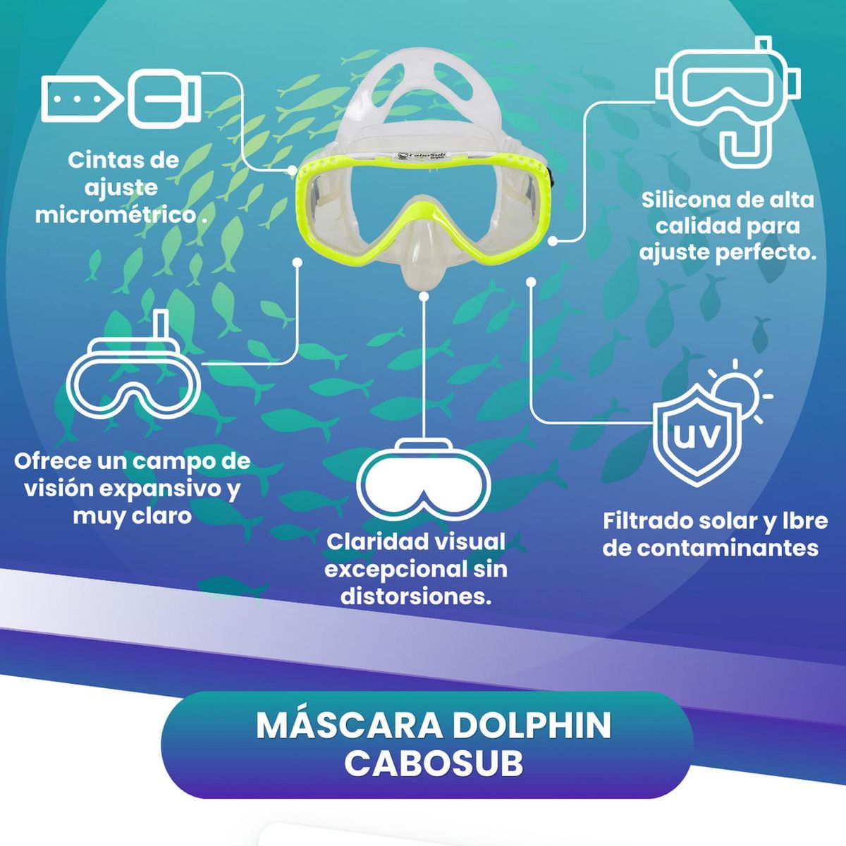 CABOSUB - Máscara Dolphin Comodidad  Visión Clara para Buceo y Snorkel - Amarillo - Único