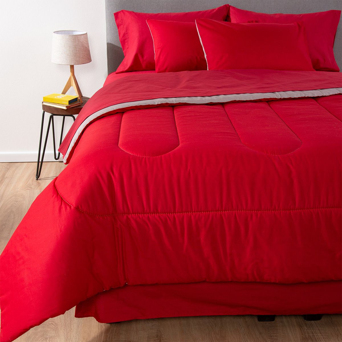 ARTHOME - COMBO 3 PLUMON BICOLOR ROJO GRIS 1.5 PLAZAS