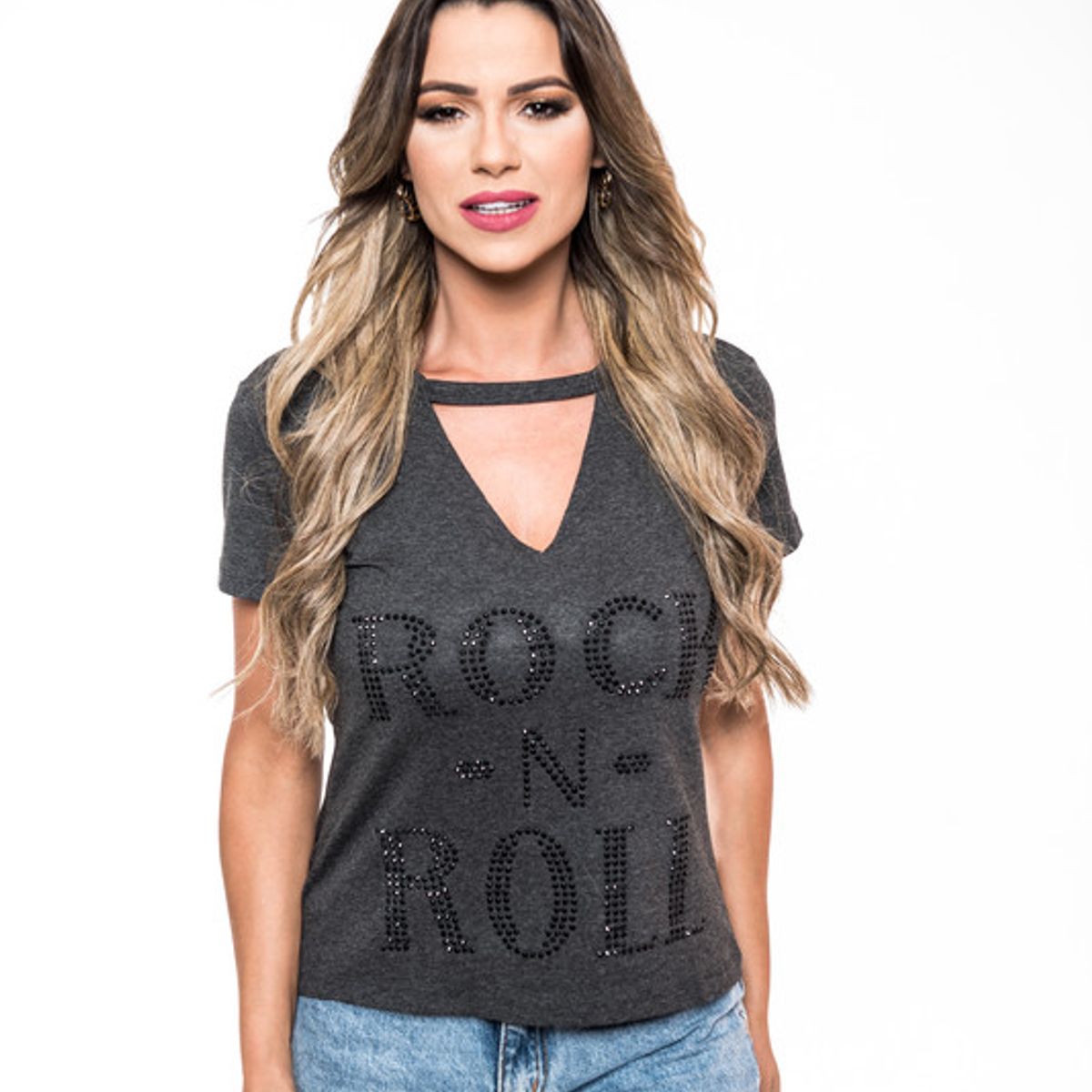 ROCK CAVIAR - POLERA CHOKER PEDRERIA ROCK N ROLL GRAY RC-16