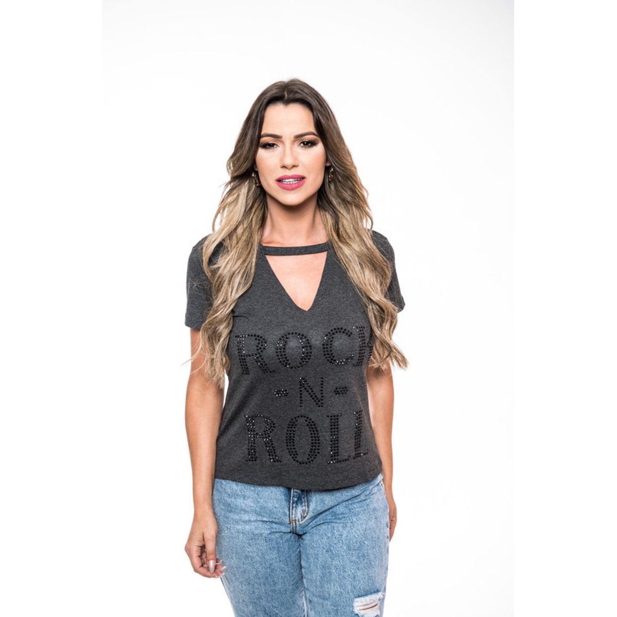 ROCK CAVIAR - POLERA CHOKER PEDRERIA ROCK N ROLL GRAY RC-16