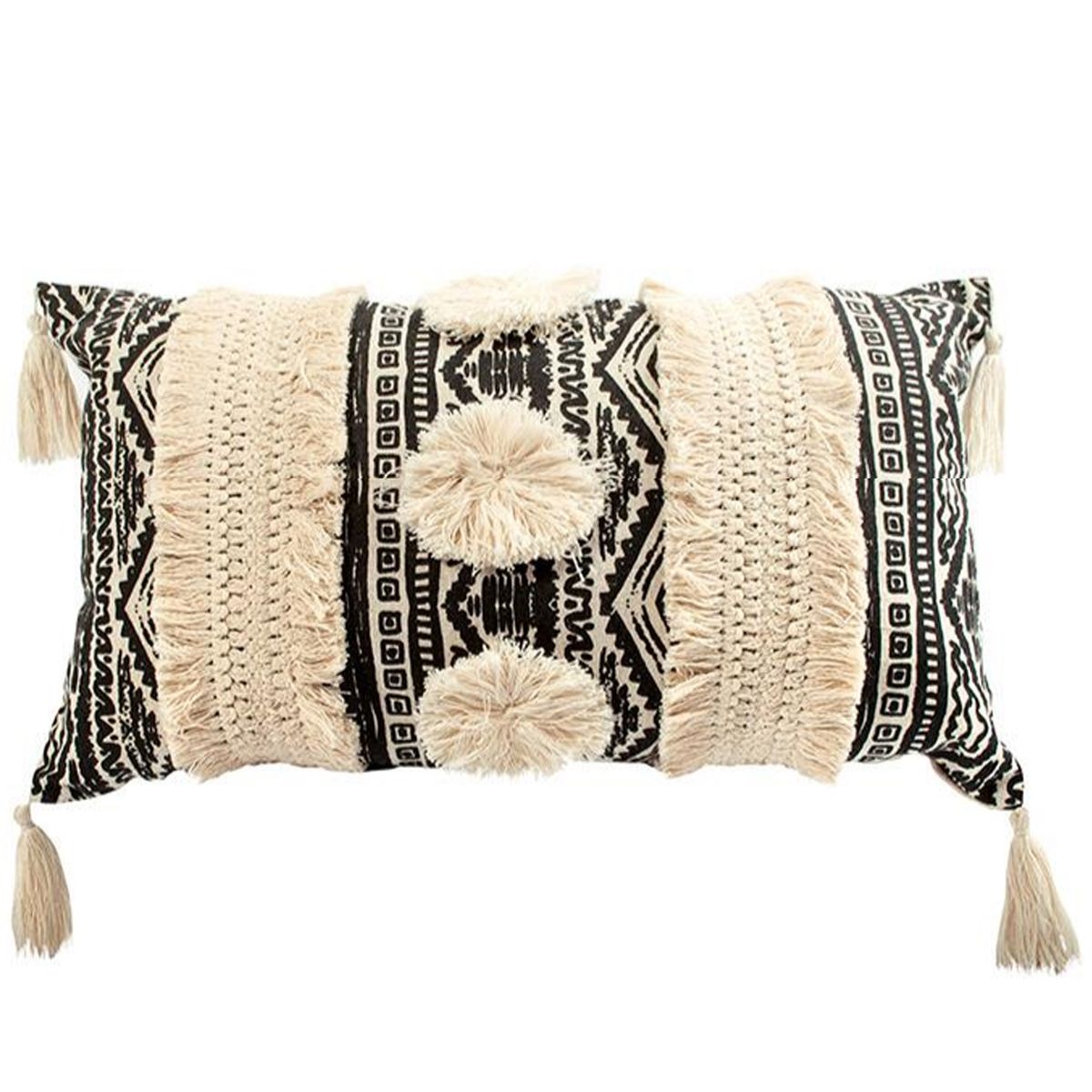 LIVING MARKET - Cojín Boho Flecos y Borlas Crudo y Negro 30x50 cm