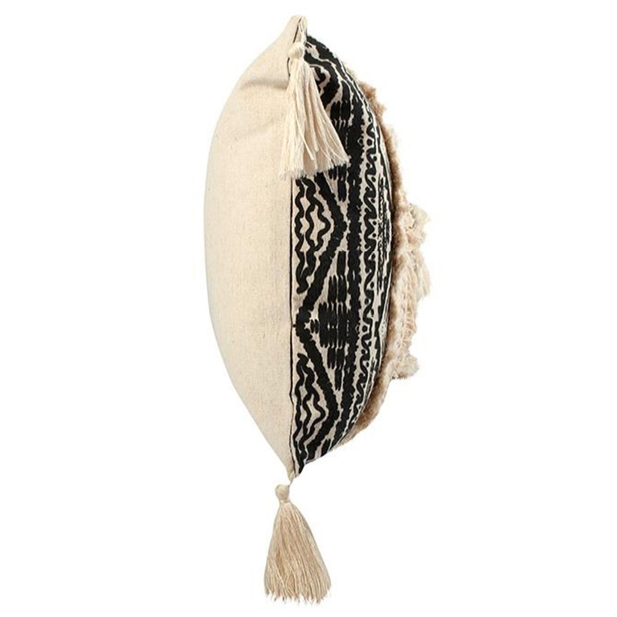 LIVING MARKET - Cojín Boho Flecos y Borlas Crudo y Negro 30x50 cm