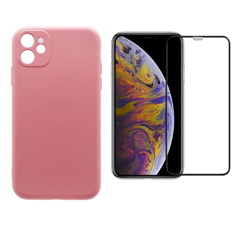 GENERICO - Carcasa compatible con Iphone 11 Rosado + lamina de Vidrio completa