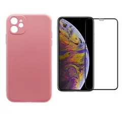 GENERICO - Carcasa compatible con Iphone 11 Rosado + lamina de Vidrio completa