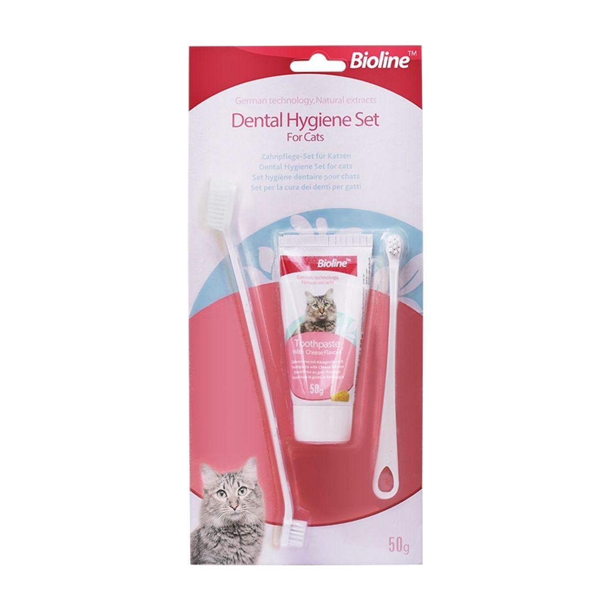 BIOLINE - Kit Cepillos y Pasta Dental Gato Bioline Sabor Queso, 50gr.