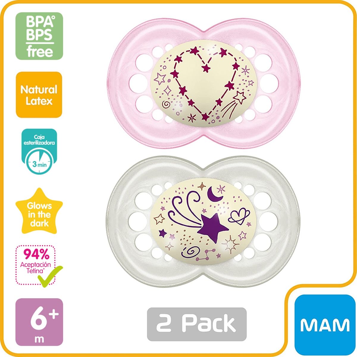 MAM - 2 Chupetes Látex Nocturno MAM 6+ c/Caja Esterilizadora, Rosa