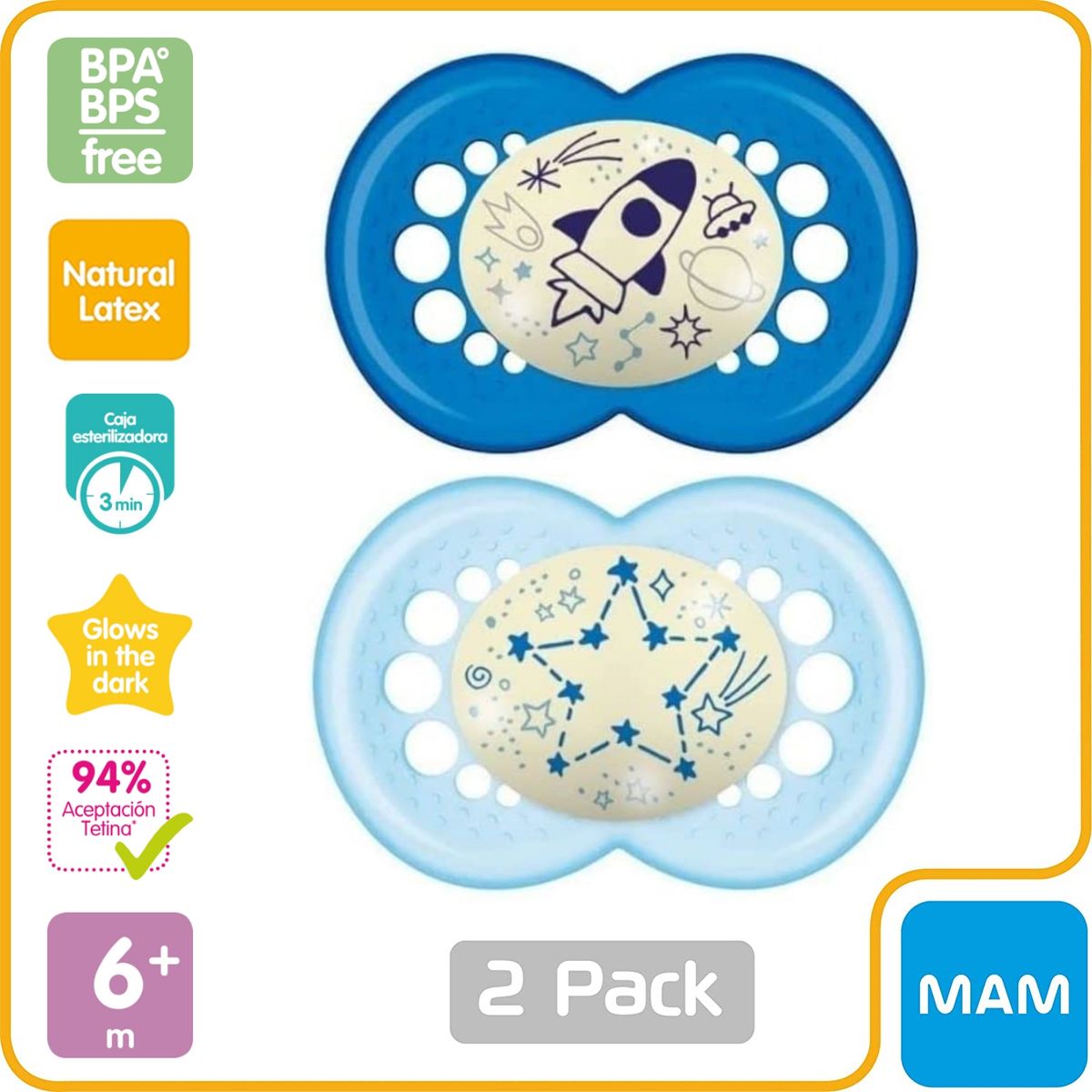 MAM - 2 Chupetes Látex Nocturno MAM 6+ c/Caja Esterilizadora, Azul