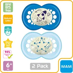 MAM - 2 Chupetes Látex Nocturno 6+ c/Caja Esterilizadora, Azul