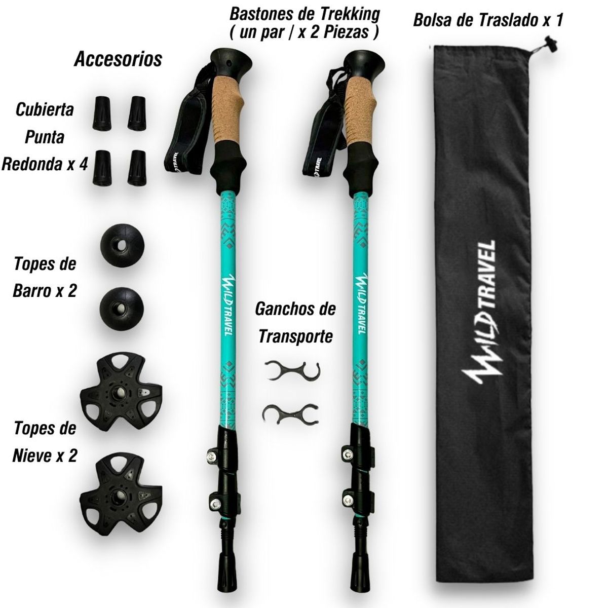 WILD TRAVEL - Pack Bastones de trekking Wild Travel 2 unidades CELESTE