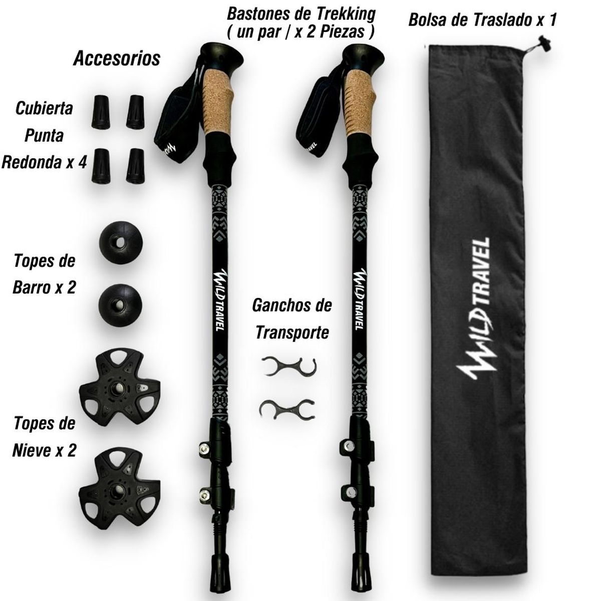 WILD TRAVEL - Pack Bastones de trekking Wild Travel 2 unidades NEGRO