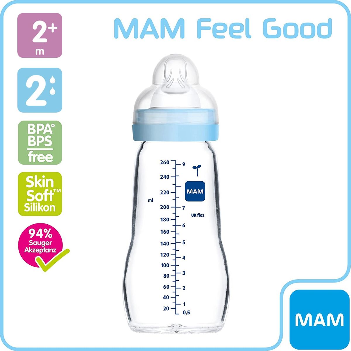 MAM - Mamadera de Vidrio MAM Feel Good 260ml Azul