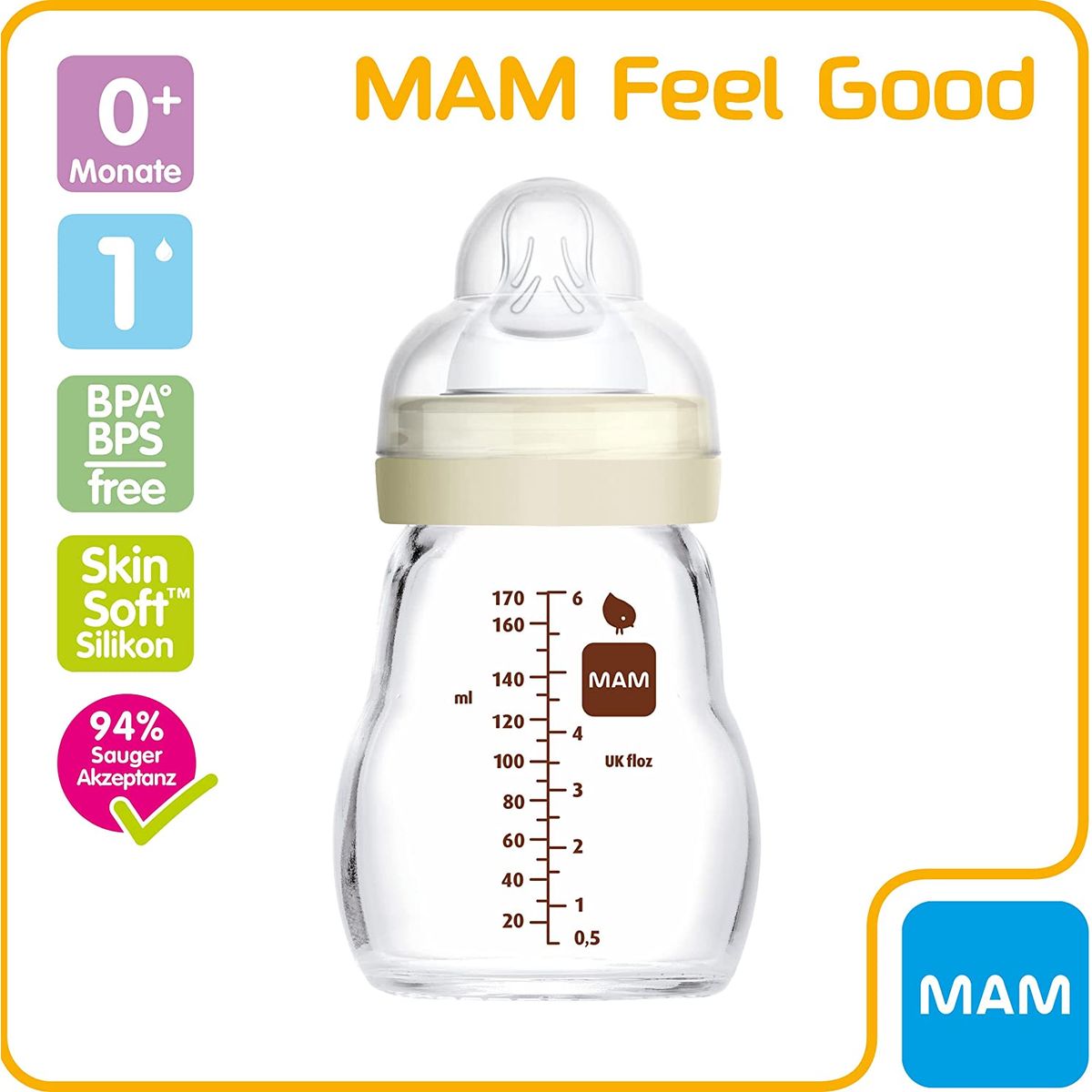 MAM - Mamadera de Vidrio MAM Feel Good 170ml Crema