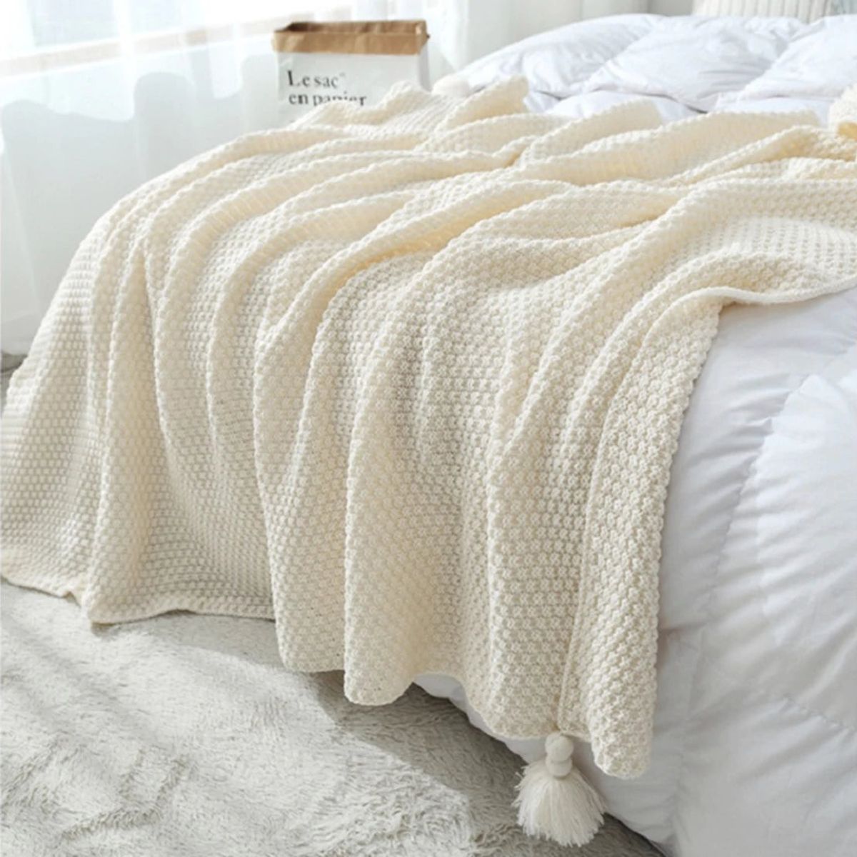 DEKOHOME - Manta tejida con  borlas blanco invierno Material acrílico 180120cm