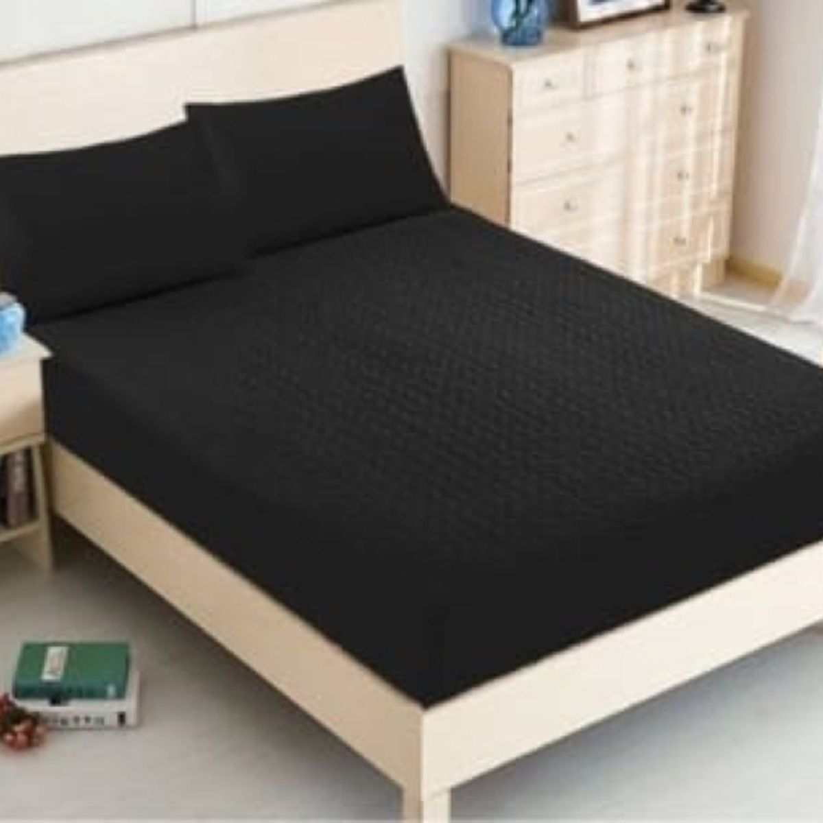 GENERICO - Cubrecolchon Acolchado 2 Plazas + 2 Funda de Cojín - Negro