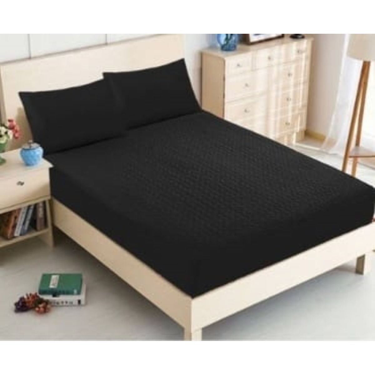 GENERICO - Cubrecolchon Acolchado 2 Plazas + 2 Funda de Cojín - Negro