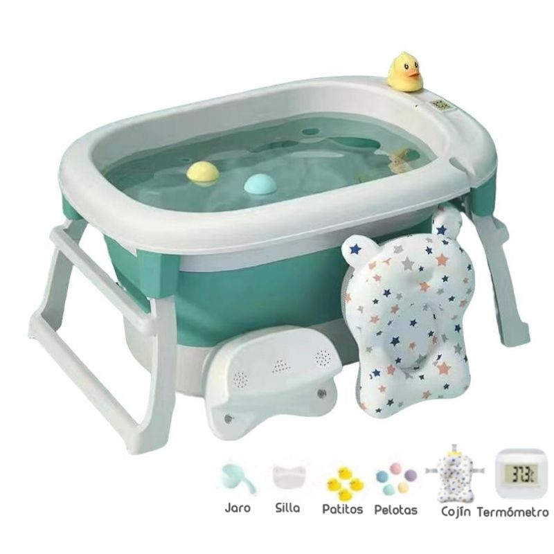 LUBABYCAS - Bañera Con Cojin Termómetro Y Más Accesorios Verde Lubabycas