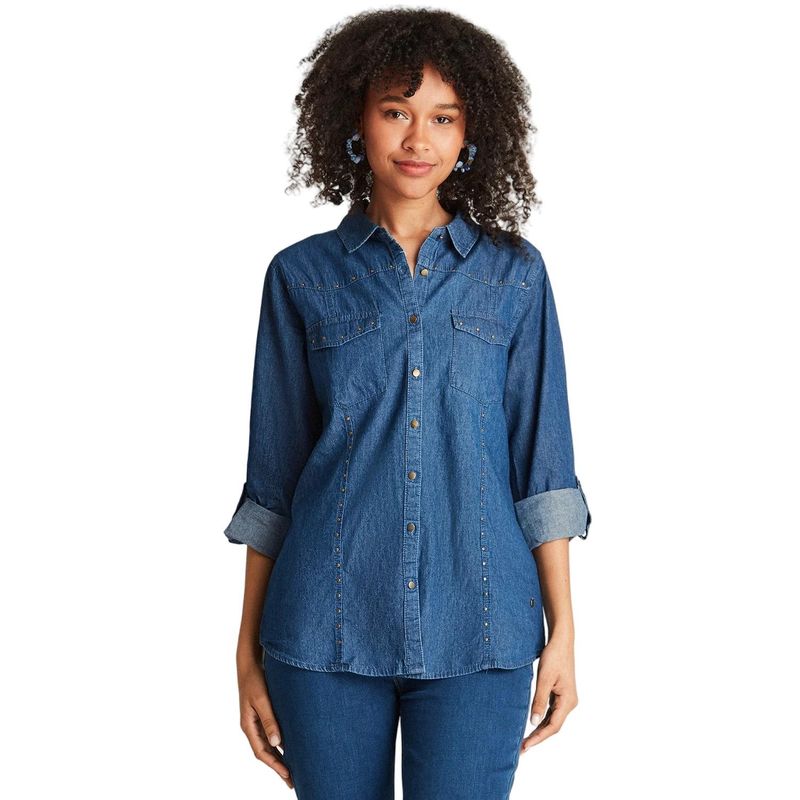 CURVI - Blusa Mezclilla Manga Roll Up Con Tachas