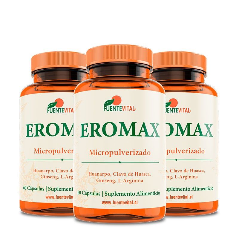 FUENTEVITAL - Eromax : Arginina + Ginseng + Guarana ++  Fv 3 Frascos 180 Caps