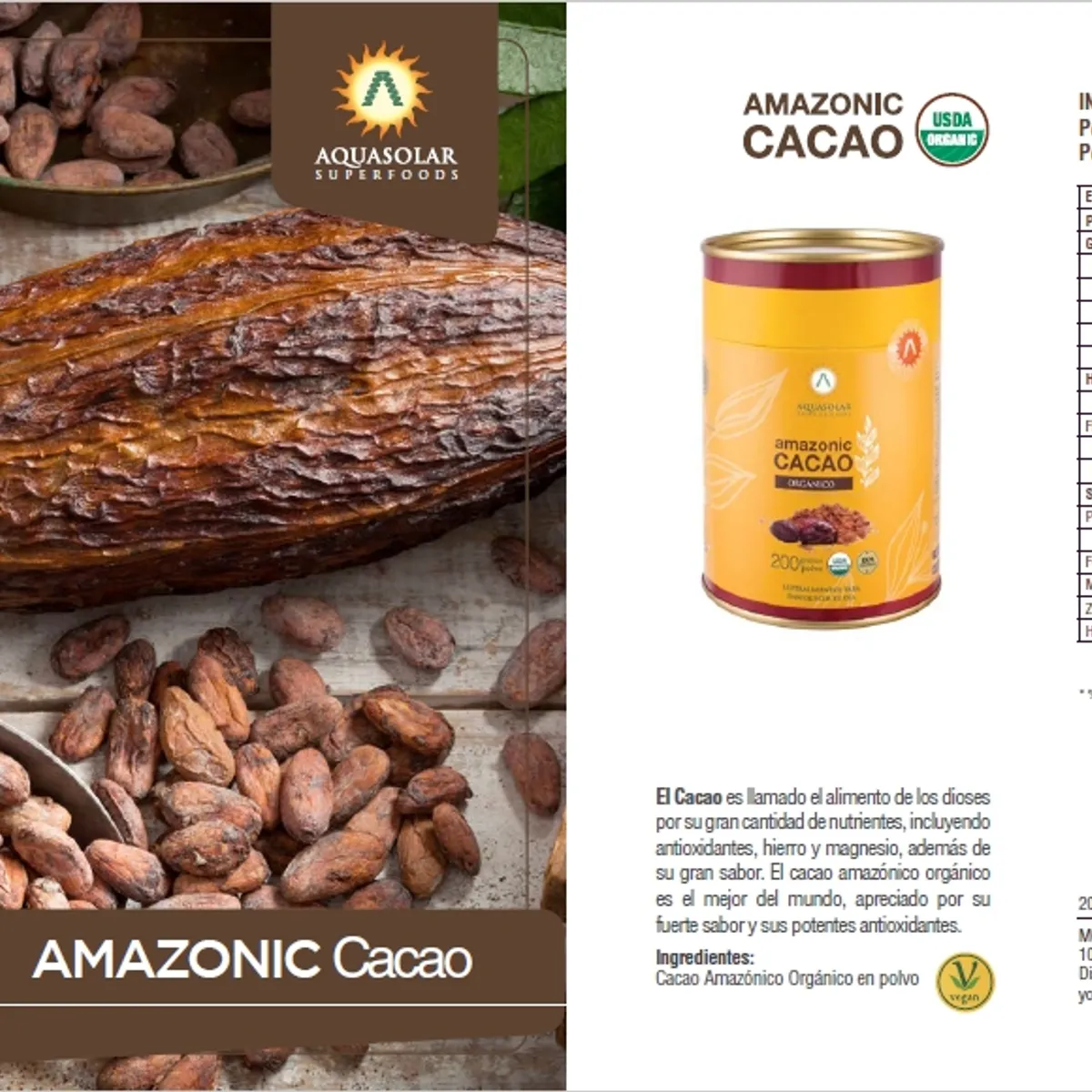 AQUA SOLAR - Pack Amazonic Cacao Polvo Orgánico Aq Certificado 2x200 Grs