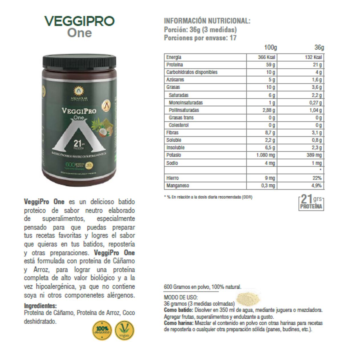 AQUASOLAR - Veggi Pro One Batido Proteina Vegana 600 Grs Polvo
