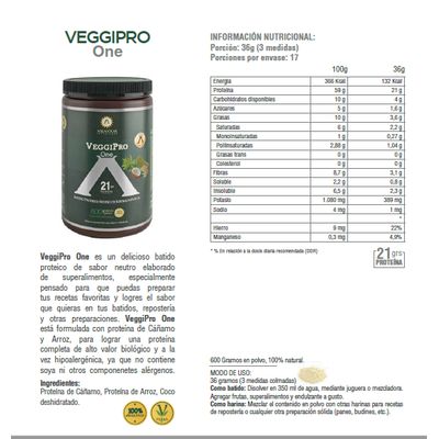 Imagen 2 del producto Veggi Pro One Batido Proteina Vegana 600 Grs Polvo