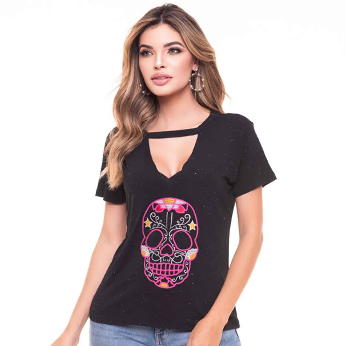 ROCK CAVIAR - POLERA CHOKER BORDADA SKULL BLACK RC-2
