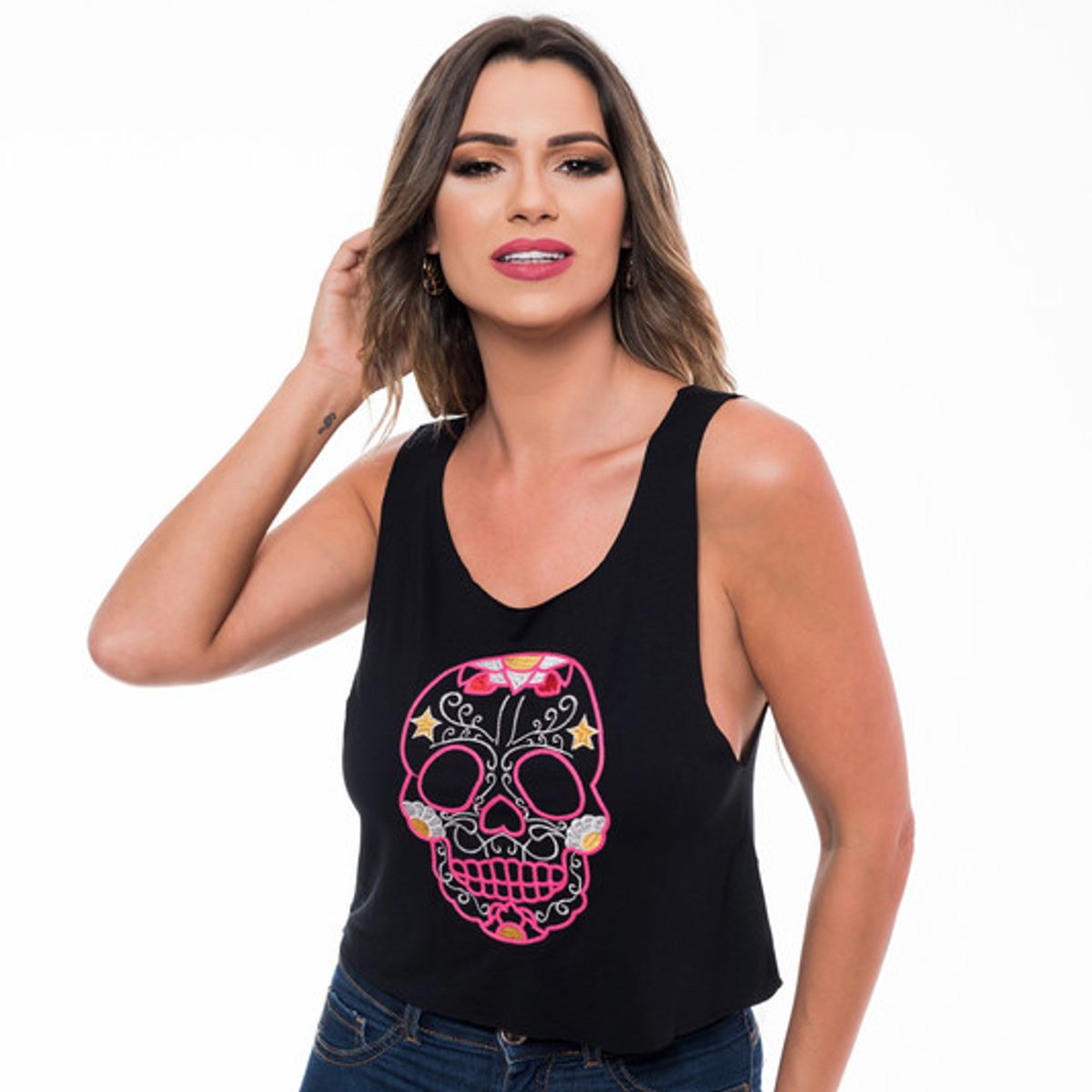 ROCK CAVIAR - POLERA SM BORDADA SKULL BLACK RC-3
