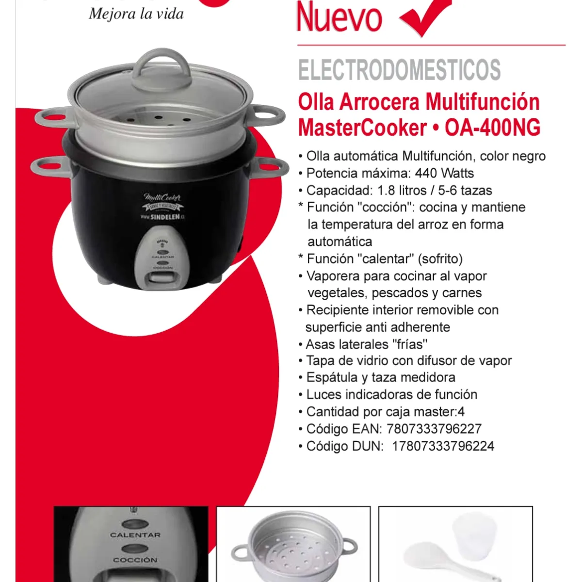 SINDELEN - Olla Arrocera con Vaporera Sindelen Oa-400ng 6 Tazas